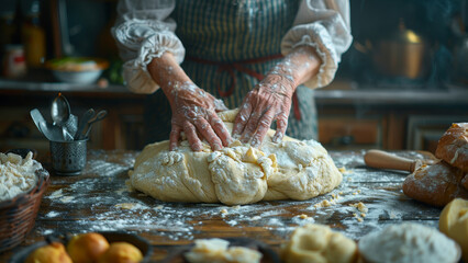 Elderly Baker Shaping Dough in Rustic Kitchen