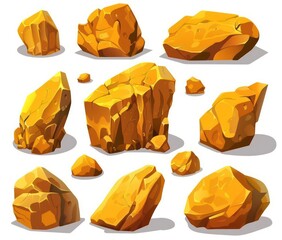 Cheery yellow-gold rocks, like treasures in a cartoon land, gleam brightly under the playful sun, inviting adventure and smiles - obrazy, fototapety, plakaty