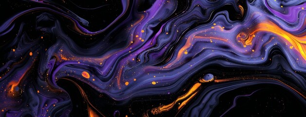 Black and purple abstract background with orange liquid paint waves