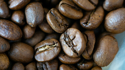 Close-up of coffee beans Shows the details of the seed surface very well.