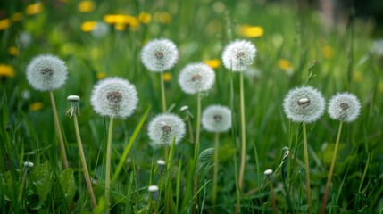 white dandelions weeds on grassland.