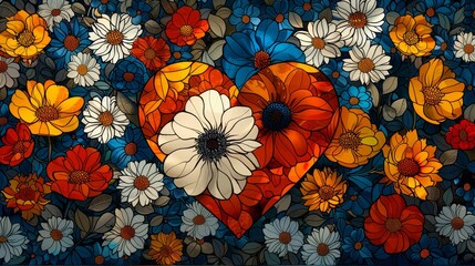   A red heart painted amidst white and yellow blooms in a field of red, white, and blue flowers
