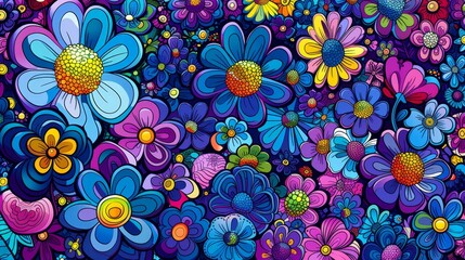   A purple background bears a collection of flowers in shades of purple, blue, pink, and yellow