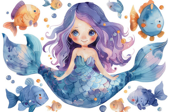 Cute mermaid with purple hair and blue scales. Created with Ai