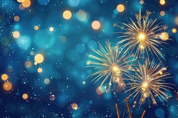 New Year background with fireworks on blue bokeh light. Generate AI image