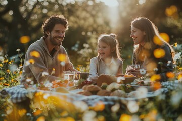 A family enjoying an outdoor picnic with sandwiches and fruits in a warm and joyful style