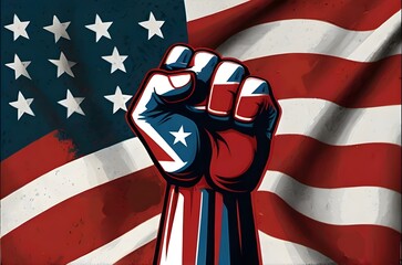 Raised fist symbol with USA flag background, May Day, May 1, International Workers' Day, labor day concept