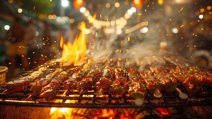 Succulent BBQ grilling against a backdrop of blurred party revelry, adding flavor to the festive occasion.