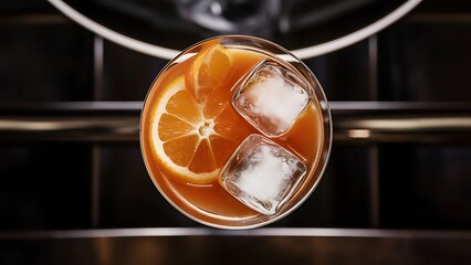 Cocktail with orange and ice on dark background top view