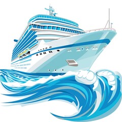 A clipart illustration vector featuring a light blue and white cruise ship sailing gracefully atop ocean waves underneath - obrazy, fototapety, plakaty