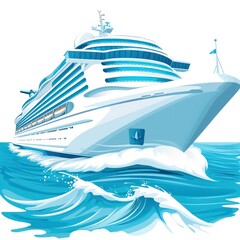 A clipart illustration vector featuring a light blue and white cruise ship sailing gracefully atop ocean waves underneath - obrazy, fototapety, plakaty
