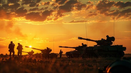 silhouette of soldiers and defense equipment in the sunset. on the battlefield ground war.