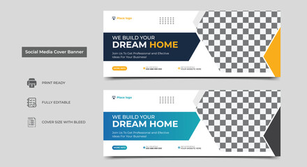 Construction social media cover banner design template. Home improvement web banner template. Dream home for sale social media cover banner template.
