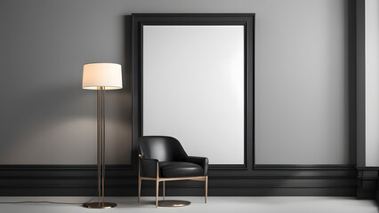 A black chair is sitting in front of a white wall with a black frame