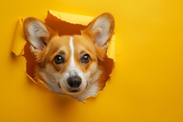 Pembroke Welsh Corgi peeking through a hole in the wall, with a bright yellow banner