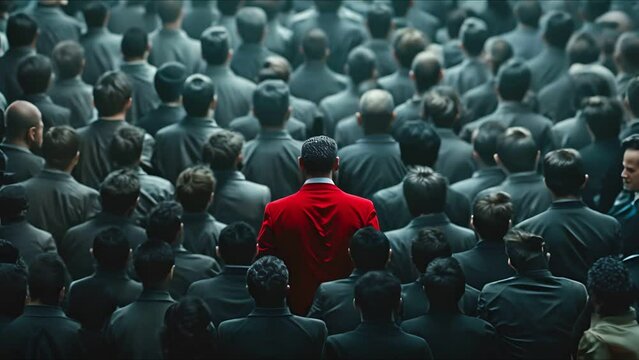 HR headhunting, crowd of whitetied businessmen with one in red, leadership choice
