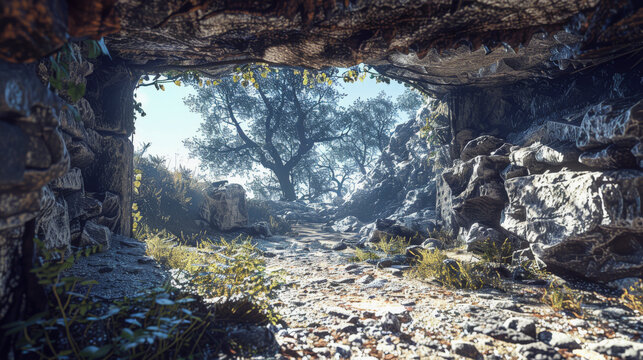A serene forest glimpse through a rocky cave opening with sun-dappled vegetation and trees in a tranquil natural setting.