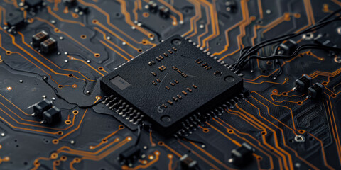 Micro Chip Processor With Wires Attached To It On The Background Of Microcircuits Created Using Artificial Intelligence