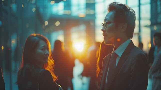 Businesspeople confidently networking at a conference, exchanging ideas and forging valuable connections.