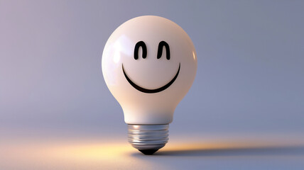 Cheerful light bulb with a simple smiley face, combining illumination and happiness in a playful design.