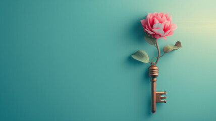 Vintage key with a blooming pink flower, symbolizing beauty and the unlocking of new beginnings on a serene teal background.