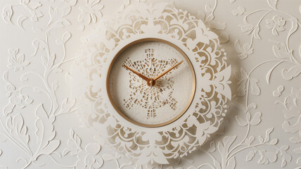 Elegant wall clock with intricate lace design on a floral embossed background.
