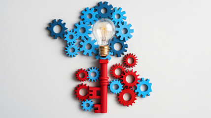 A creative display featuring a light bulb atop a tree-shaped arrangement of colorful gears, symbolizing innovation and interconnected ideas.