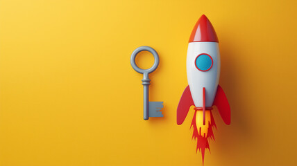 A vintage key and a vibrant toy rocket on a bright yellow background, symbolizing unlocking new adventures and creativity.