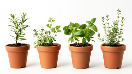 Four terra cotta pots with assorted green herbs on a white background.