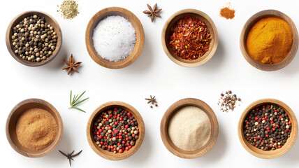 Variety of spices in wooden bowls on a white surface, with star anise and rosemary accents.