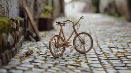 Vintage bicycle model on a cobblestone street with moss-covered stones.