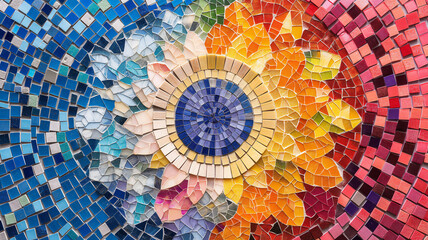Vibrant mosaic of multicolored tiles arranged in a circular pattern, showcasing a radiant spectrum of hues.
