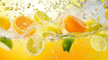 Citrus fruits splashing in water with vibrant yellow backdrop, droplets suspended in motion.