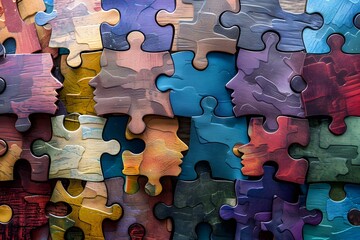 A photo of interlocking puzzle pieces in various colors and textures, with some pieces featuring profiles of human faces, symbolizing the coming together of diverse elements to form a complete picture - Powered by Adobe