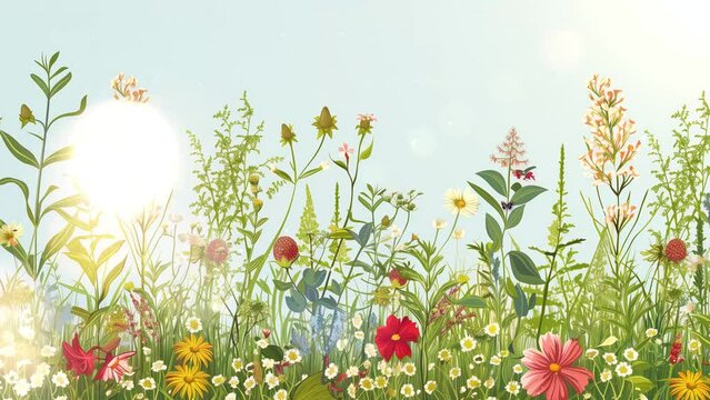 summer meadow plants seamless border. seamless looping overlay 4k virtual video animation background