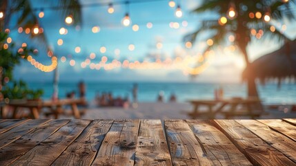 An empty wooden table with a blurred beach party in the background, setting the stage for summer gatherings.