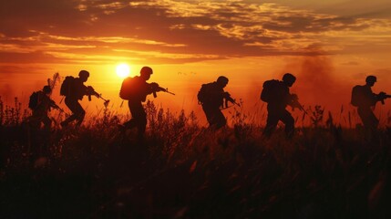 silhouette of soldiers in the sunset. on the battlefield ground war. - obrazy, fototapety, plakaty