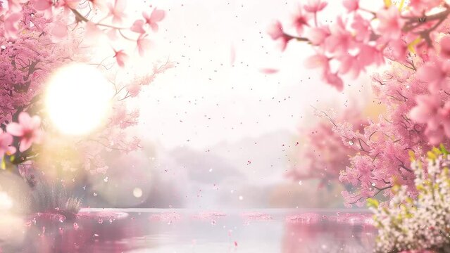 spring blossom border with pink blooming tree. seamless looping overlay 4k virtual video animation background