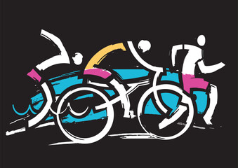 Triathlon race,  runner, swimmer, cyclist,  expressive stylized. 
Three triathlon athletes on the black background. Vector available.