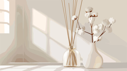 Reed diffuser with cotton flowers on table against white
