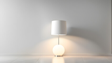 A white lamp is sitting on a white floor in a room with a white wall