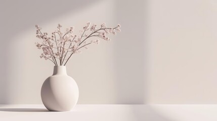A simple and elegant vase sits on a white table against a white background