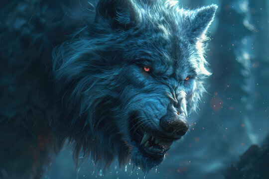  A black wolf with glowing red eyes, dark blue fur and long ears in the middle of an enchanted forest at night. Created with Ai