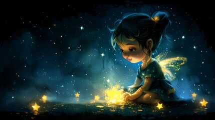 Fototapeta premium Little girl sits on ground, one hand holds a glowing star, other hand likewise