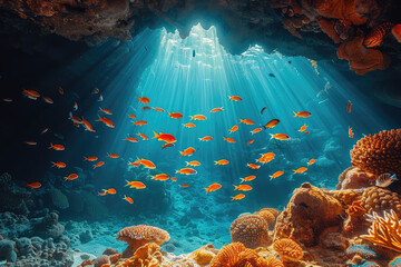 A beautiful underwater scene with rays of light shining through the water, creating an enchanting atmosphere. Created with Ai