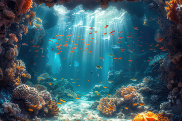 An underwater scene with sunbeams piercing through the water, illuminating coral reefs and schools of fish in an ocean canyon. Created with Ai