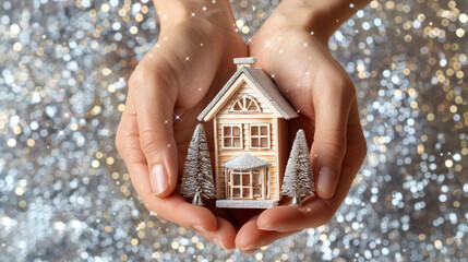 A pair of hands tenderly hold a 3D Max miniature house on a background of shimmering silver stars