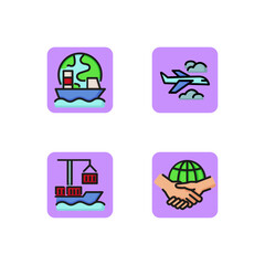 International cargo transportation line icon set. Cargo shipping on ships and airplanes all over world. Business cooperation concept. Vector illustration for web design