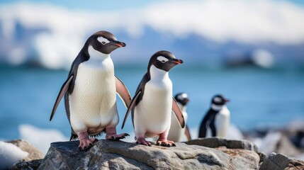 Obraz premium An adorable family of penguins waddle along the icy shores of Antarctica.