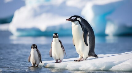 Obraz premium An adorable family of penguins waddle along the icy shores of Antarctica.
